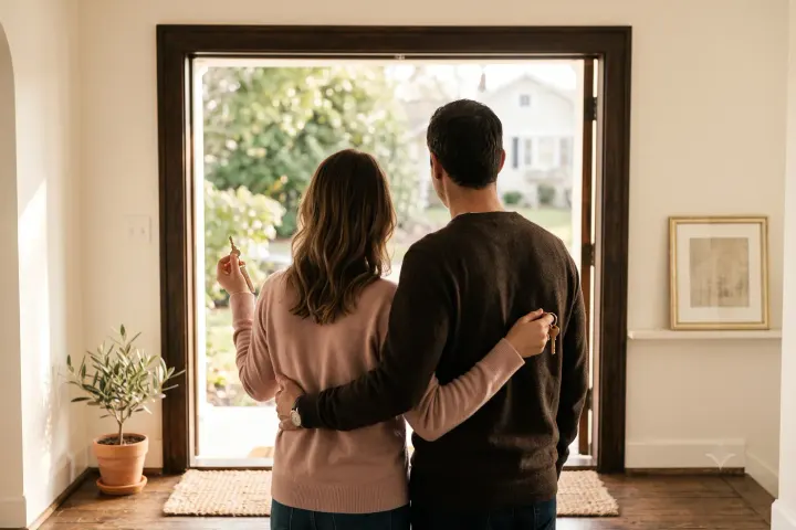 Couple devant la porte de sa nouvelle maison, clés en main