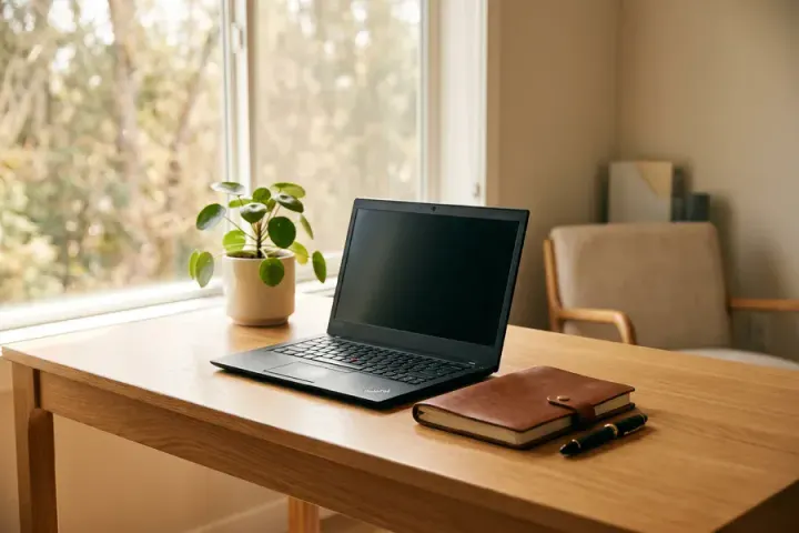 Bureau lumineux d'un professionnel : ordinateur portable, carnet en cuir et plante
