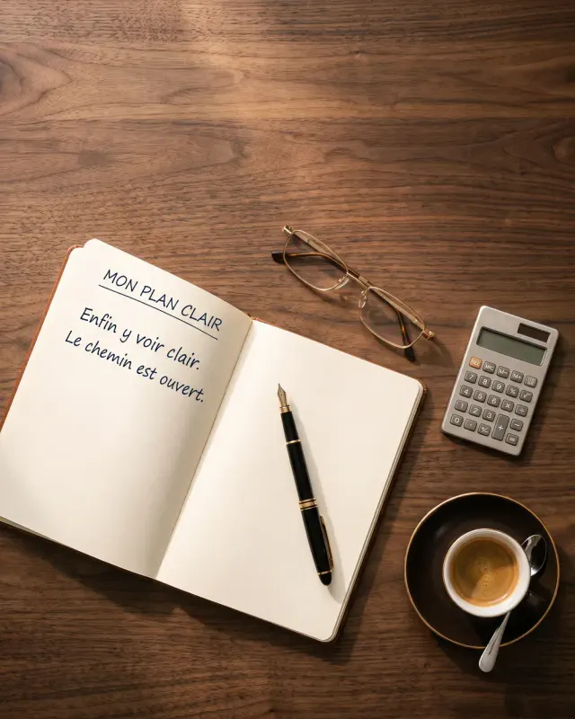 Carnet ouvert « Mon plan clair », lunettes et calculatrice sur un bureau