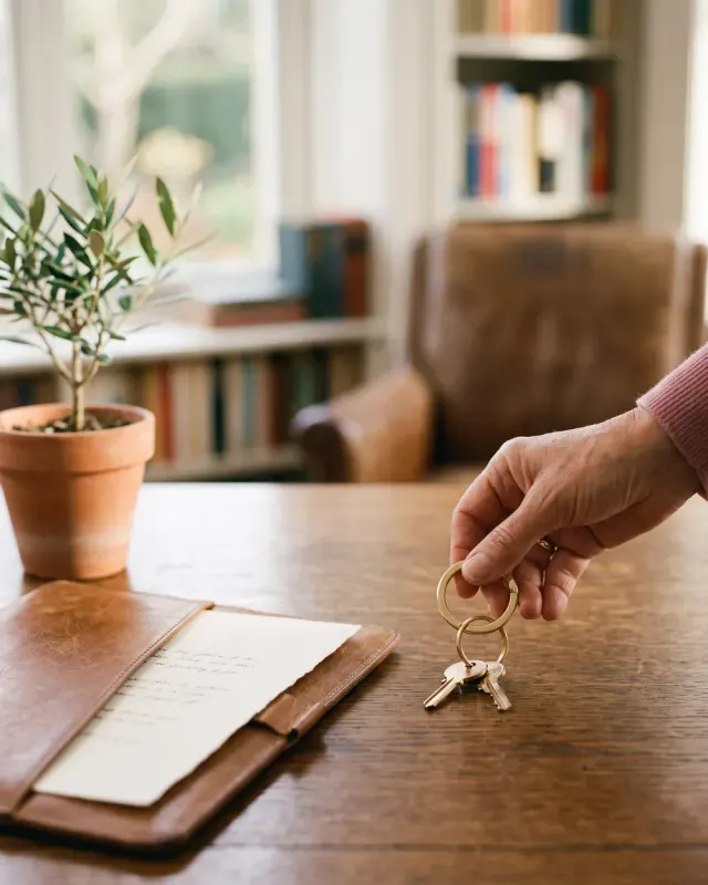 Remise des clés d'un nouveau logement sur un bureau, dossier de financement immobilier