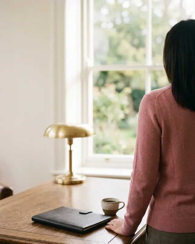 Cliente apaisée près de la fenêtre après l'allègement de ses mensualités